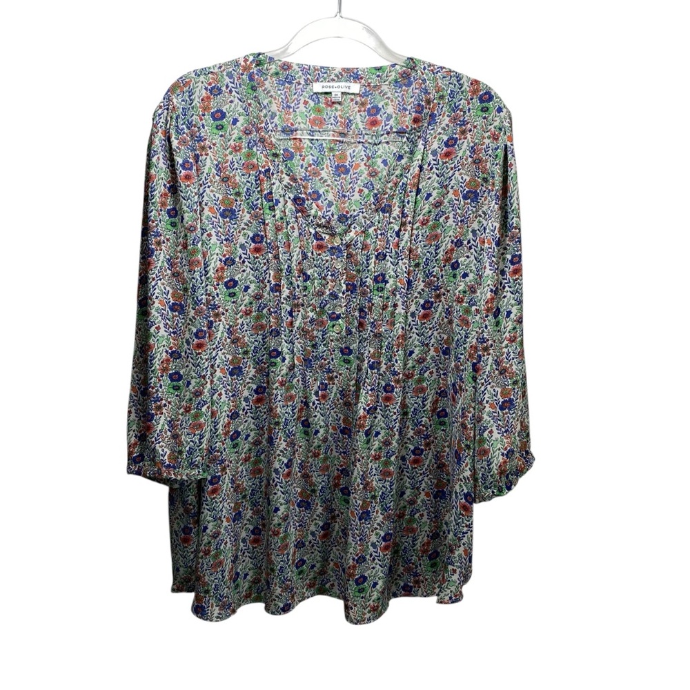 Rose + Olive Cottage Boho‎ Chiffon Floral Tunic Top 2X  Multi V Neck 3/4 Sleeves - Picture 2 of 8